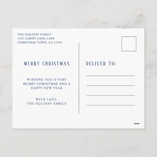 シンプルブルー写真ミニマルモダンリスクリスマス シーズンポストカード (裏面)