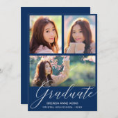 シンプルブルー卒業写真コラージホワイトスクリプト 案内状 (正面/裏面)