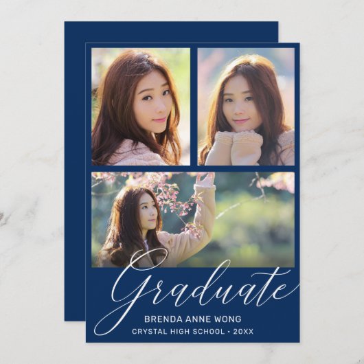 シンプルブルー卒業写真コラージホワイトスクリプト 案内状 (正面/裏面)