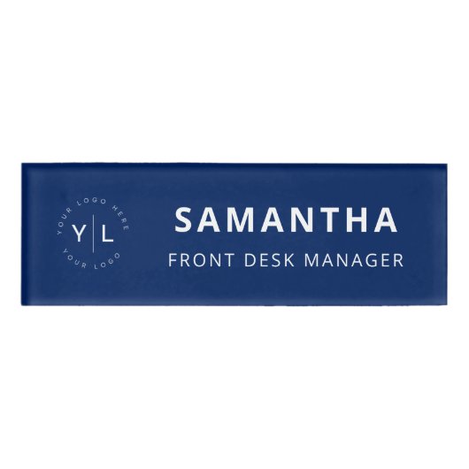シンプルブルー白プロフェッショナル従業員名ロゴ 名札 (正面)