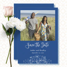 シンプルブルー白ワイルドフラワー写真QRコー結婚ド