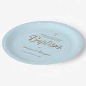 シンプルブルー金ゴールドクロスカスタムベビーバプテスマ ペーパープレート (アングル)