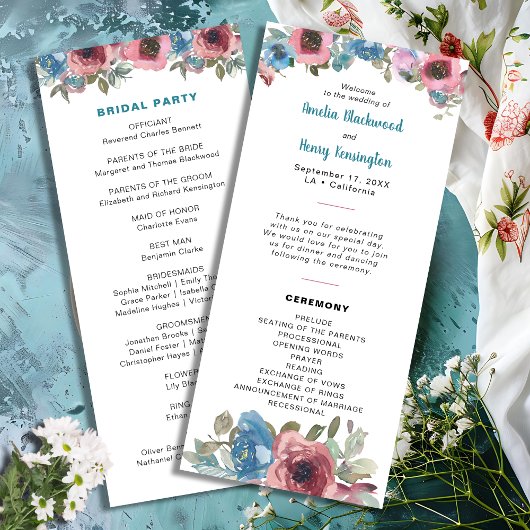 シンプルブルー&ピンクウォーターカラーフローラ結婚ズ プログラム