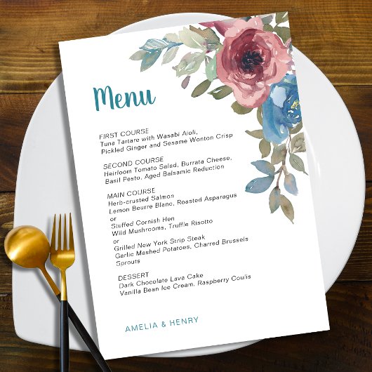 シンプルブルー&ピンクウォーターカラーフローラ結婚ズ メニュー