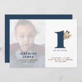 シンプルブルー&ブラウンフォト1st誕生日パーティー 招待状 (正面/裏面)