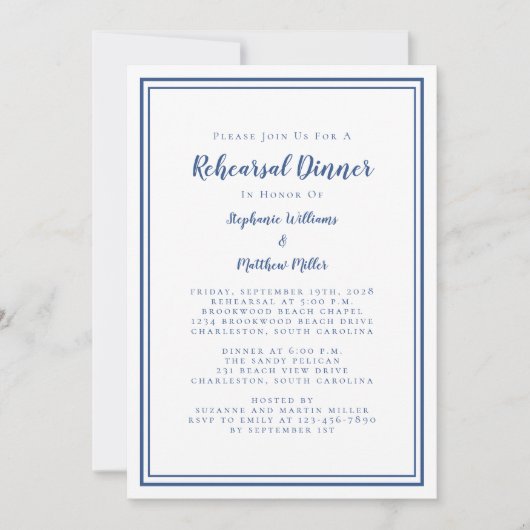 シンプルブルー&ホワイトのリハ結婚ーサルディナー 招待状 (正面)