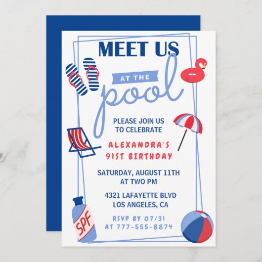 シンプルプールパーティー91歳の誕生日招待状 招待状 (正面/裏面)