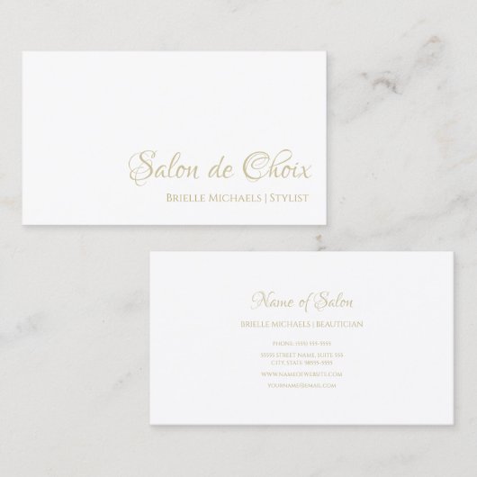 シンプルヘアと美しいサロンエレガント金ゴールドスクリプト 名刺 (正面/裏面)