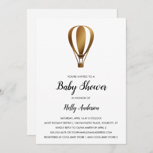 シンプルベビシャワースムーズ金ゴールドホットエアバルーン 招待状 (正面/裏面)