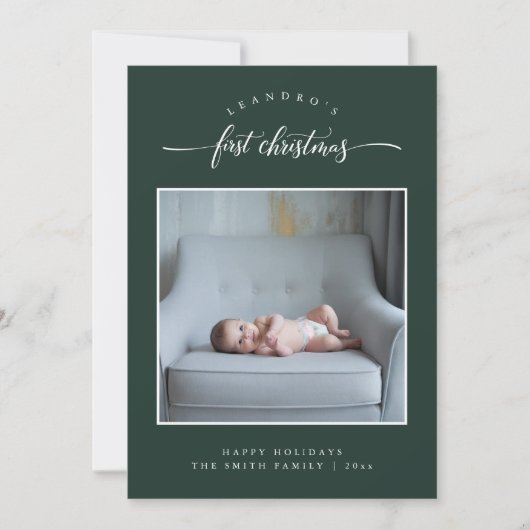 シンプルベビーの初めてのクリスマス独身のフォトグリーン シーズンカード (正面)