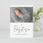 シンプルベビーカスタムフォトバプテスマ金ゴールドクロス 招待状 (スタンド正面)