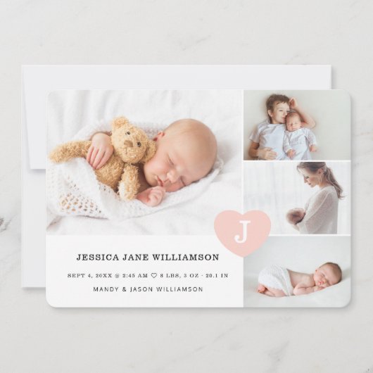 シンプルベビーガール写真コラージピンクモノグラムハート 案内状 (正面)