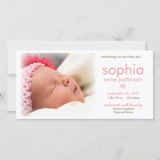 シンプルベビーガール写真誕生発表 案内状 (正面)