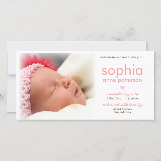 シンプルベビーガール写真誕生発表 案内状 (正面)