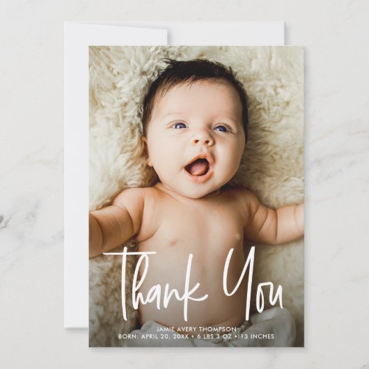 シンプルベビーフォトモダン誕生手書き サンキューカード (正面)