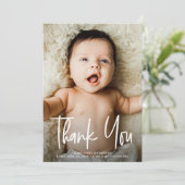 シンプルベビーフォトモダン誕生手書き サンキューカード (スタンド正面)