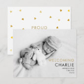 シンプルベビーフォトモダン金ゴールドラブハート誕生 案内ポストカード (正面/裏面)