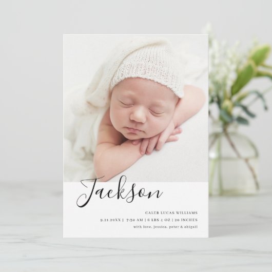 シンプルベビーモダン写真の誕生発表 案内状 (スタンド正面)