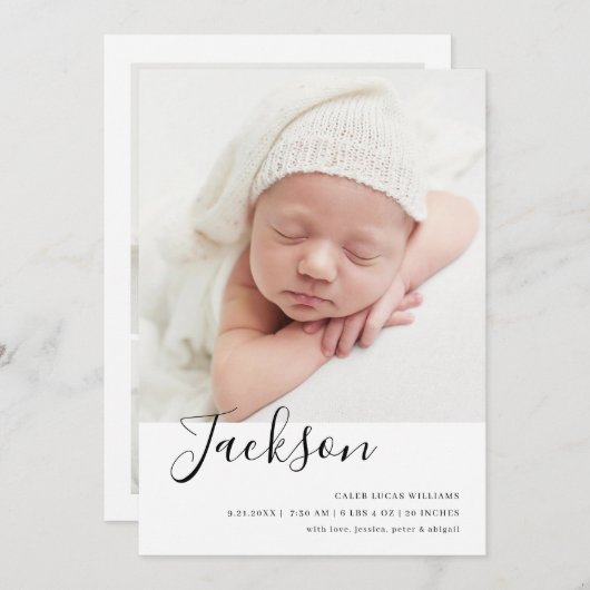 シンプルベビーモダン写真の誕生発表 案内状 (正面/裏面)