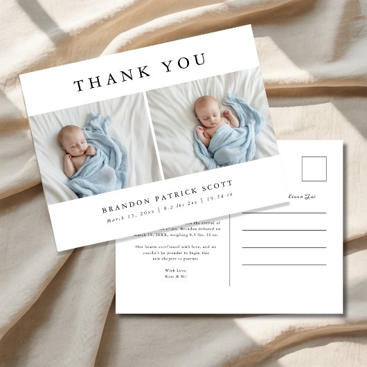 シンプルベビーモダン写真サンキュー誕生 案内ポストカード