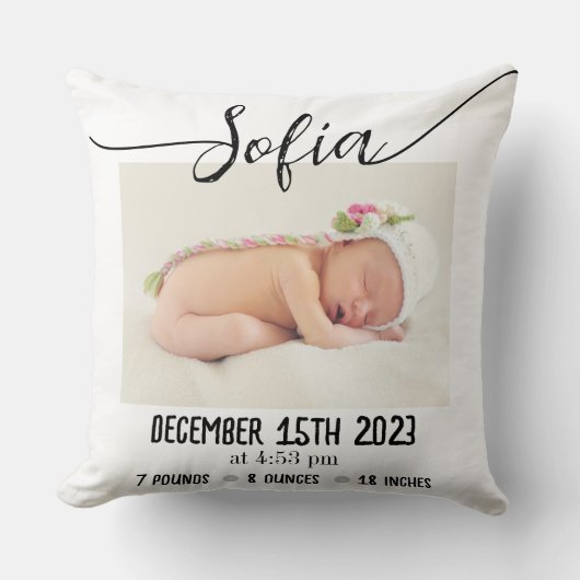 シンプルベビーモダン写真誕生の状態 クッション (正面)