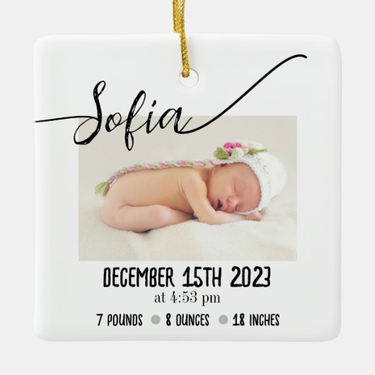 シンプルベビーモダン写真誕生の状態 セラミックオーナメント (正面)