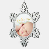 シンプルベビーモダン誕生写真アナウンス スノーフレークピューターオーナメント (右)