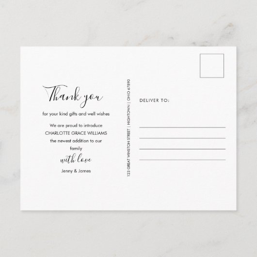 シンプルベビー写真ありがとうありがとうスクリプエレガントト誕生 案内ポストカード (裏面)