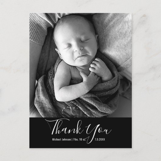 シンプルベビー写真ありがとうスクリプト誕生 案内ポストカード (正面)