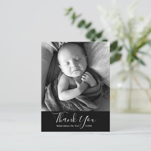 シンプルベビー写真ありがとうスクリプト誕生 案内ポストカード (スタンド正面)