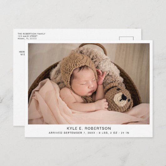 シンプルベビー生まれたばかりの写真の誕生のお知らせ ポストカード (正面/裏面)