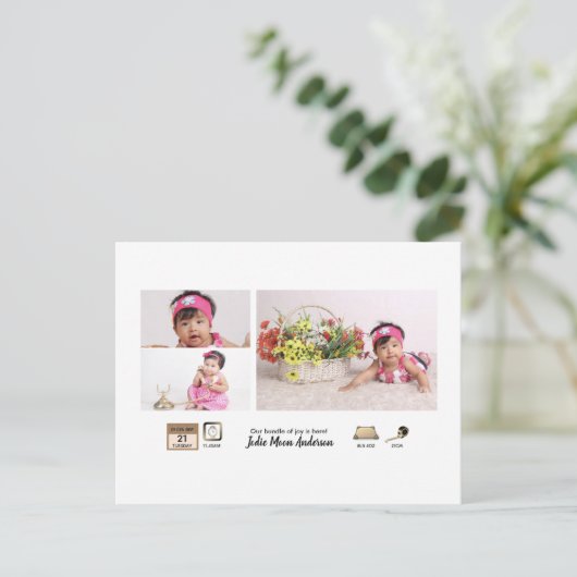 シンプルベビー統計フォトコラージュの発表 ポストカード (スタンド正面)