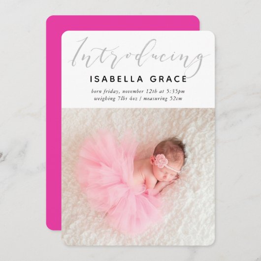 シンプルベビーPHOTOモダン紹介ガールピンク 案内状 (正面/裏面)