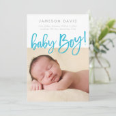 シンプルベビーPHOTOモダン boy aquaスクリプトレタリング 案内状 (スタンド正面)