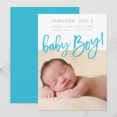 シンプルベビーPHOTOモダン boy aquaスクリプトレタリング 案内状 (正面/裏面)