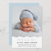 シンプルベビーPHOTOモダン hello wavey edge blue 案内状 (正面/裏面)