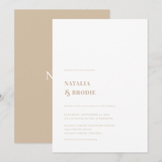 シンプルベージュホワイト結婚式招待状 招待状 (正面/裏面)