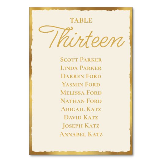 シンプルベージュ色エレガンス金ゴールドエッジ座席表 テーブルナンバー (正面)