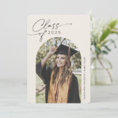 シンプルベージュ、美しいアーチ写真の卒業 案内状 (スタンド正面)