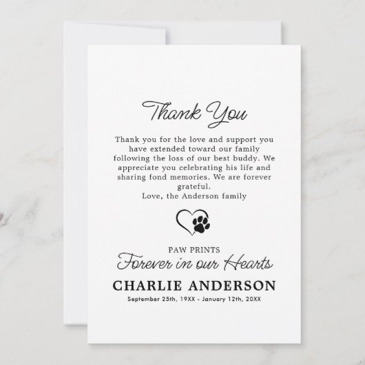 シンプルペット記念カスタム悔やみや弔慰犬の写真 サンキューカード (裏面)