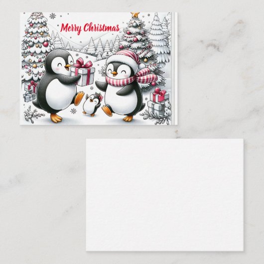 シンプルペンギンパーソナライズされたファミリークリスマスカード ノートカード (正面/裏面)