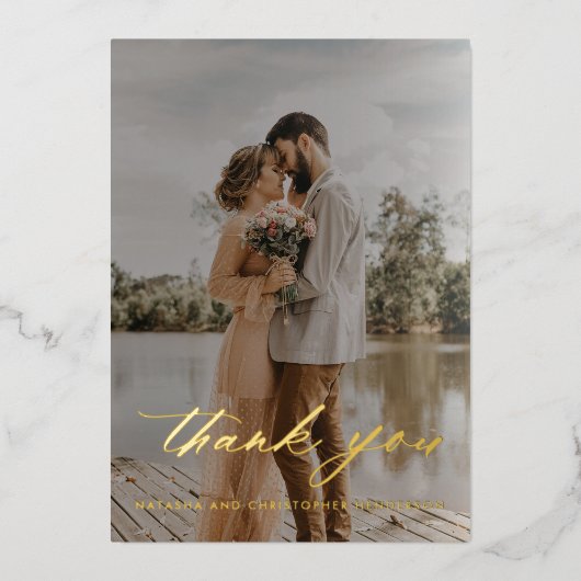 シンプルホイル書の結婚写真ありがとう 箔招待状 (正面)