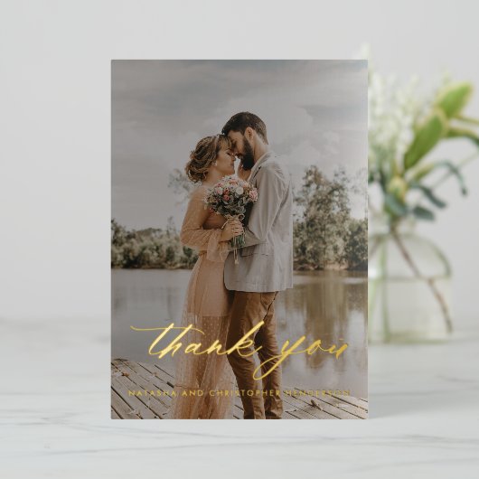 シンプルホイル書の結婚写真ありがとう 箔招待状 (立ち正面)