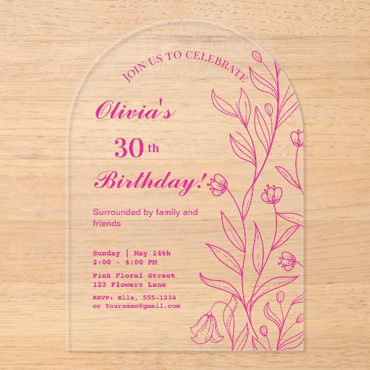 シンプルホッエレガントトピンクフローラ誕生日 アクリル招待状 (正面)