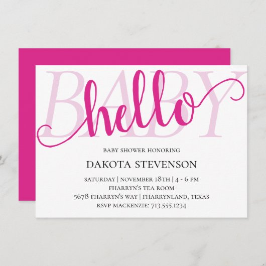 シンプルホットピンクハローベビー | マゼンタスクリプトシャワー 招待状 (正面/裏面)