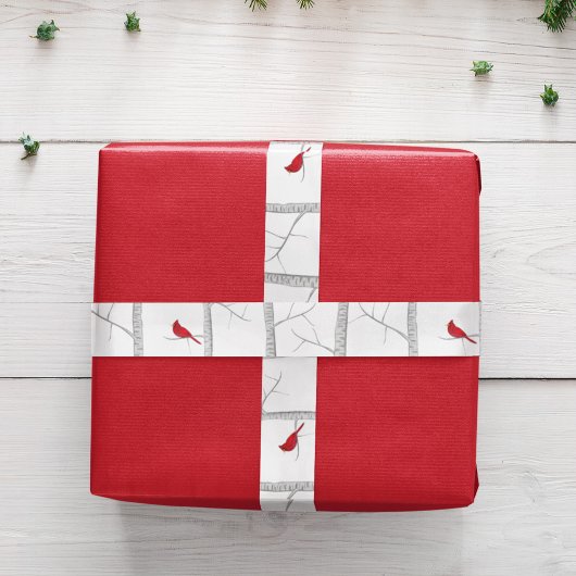 シンプルホリデーウィンターレッド（鳥）ショウジョウコウカンチョウ樺の木ツリー サテンリボン