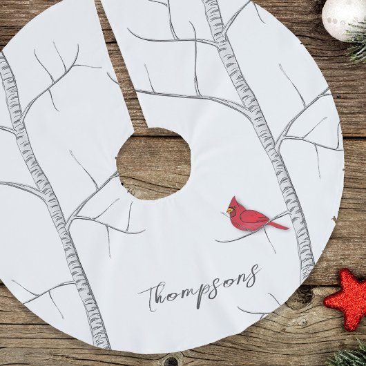 シンプルホリデーウィンターレッド(鳥)ショウジョウコウカンチョウ樺の木ツリー ブラッシュドポリエステルツリースカート