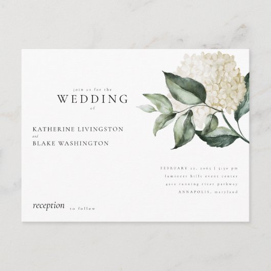 シンプルホワイトアジサイ葉書結婚式招待状 ポストカード (正面)