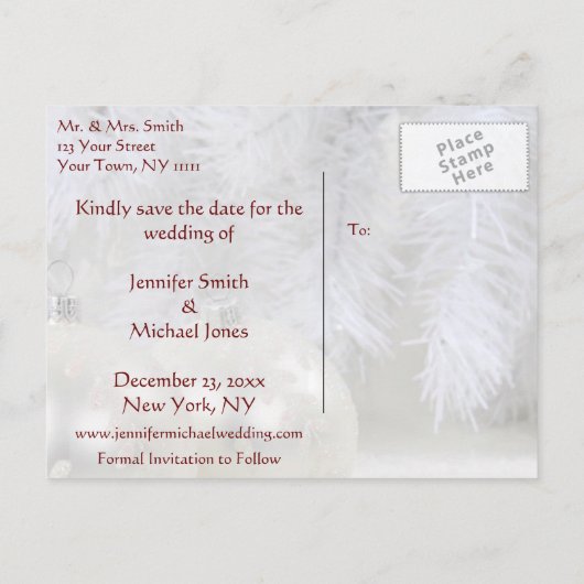 シンプルホワイトクリスマス冬の日付を保存 案内ポストカード (裏面)