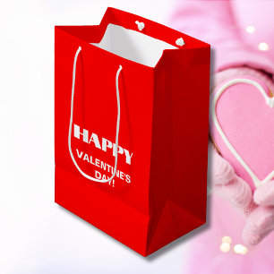 シンプルホワイトクリーンHappy Valentines Day ネオンレッド ミディアムペーパーバッグ